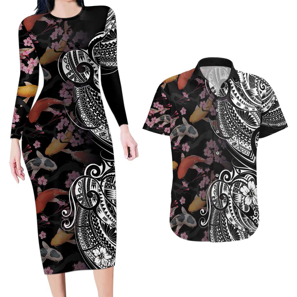 Hawaiian and Japanese Together Couples Matching Long Sleeve Bodycon Dress and Hawaiian Shirt Polynesian Triball Tattoo Koi Carps and Sakura LT03 Black - Polynesian Pride
