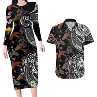 Hawaiian and Japanese Together Couples Matching Long Sleeve Bodycon Dress and Hawaiian Shirt Polynesian Triball Tattoo Koi Carps and Sakura LT03 Black - Polynesian Pride