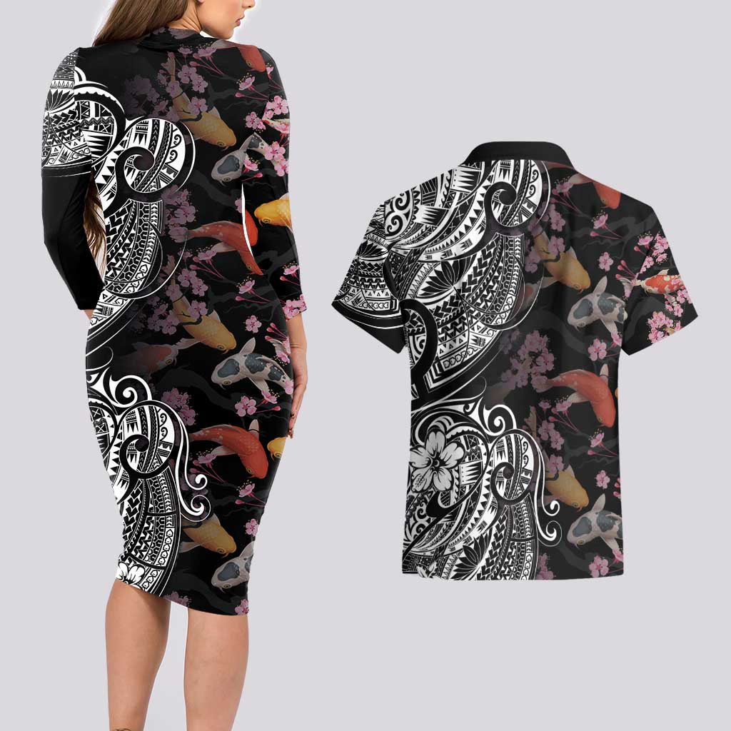 Hawaiian and Japanese Together Couples Matching Long Sleeve Bodycon Dress and Hawaiian Shirt Polynesian Triball Tattoo Koi Carps and Sakura LT03 - Polynesian Pride