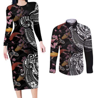 Hawaiian and Japanese Together Couples Matching Long Sleeve Bodycon Dress and Long Sleeve Button Shirt Polynesian Triball Tattoo Koi Carps and Sakura LT03 Black - Polynesian Pride