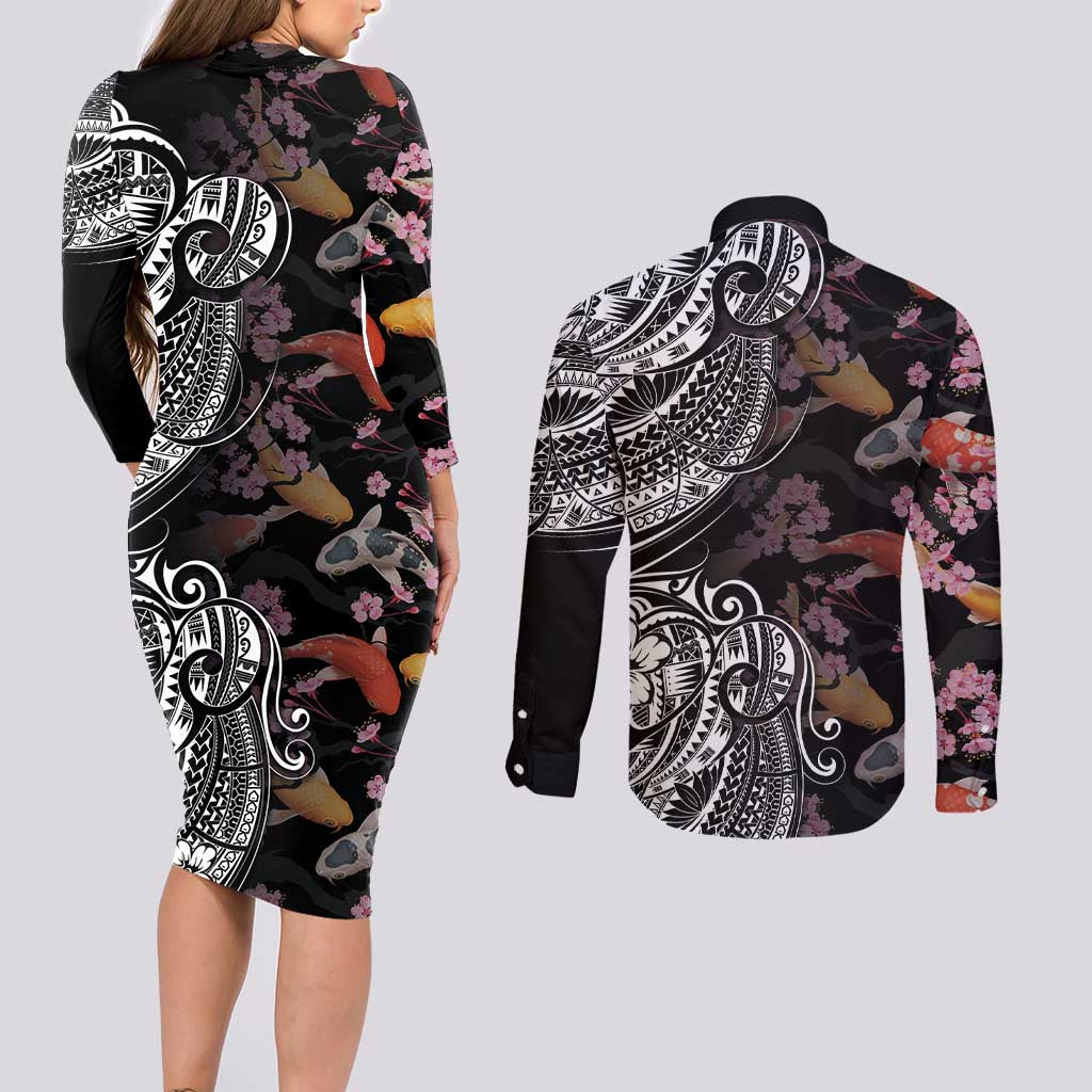 Hawaiian and Japanese Together Couples Matching Long Sleeve Bodycon Dress and Long Sleeve Button Shirt Polynesian Triball Tattoo Koi Carps and Sakura LT03 - Polynesian Pride
