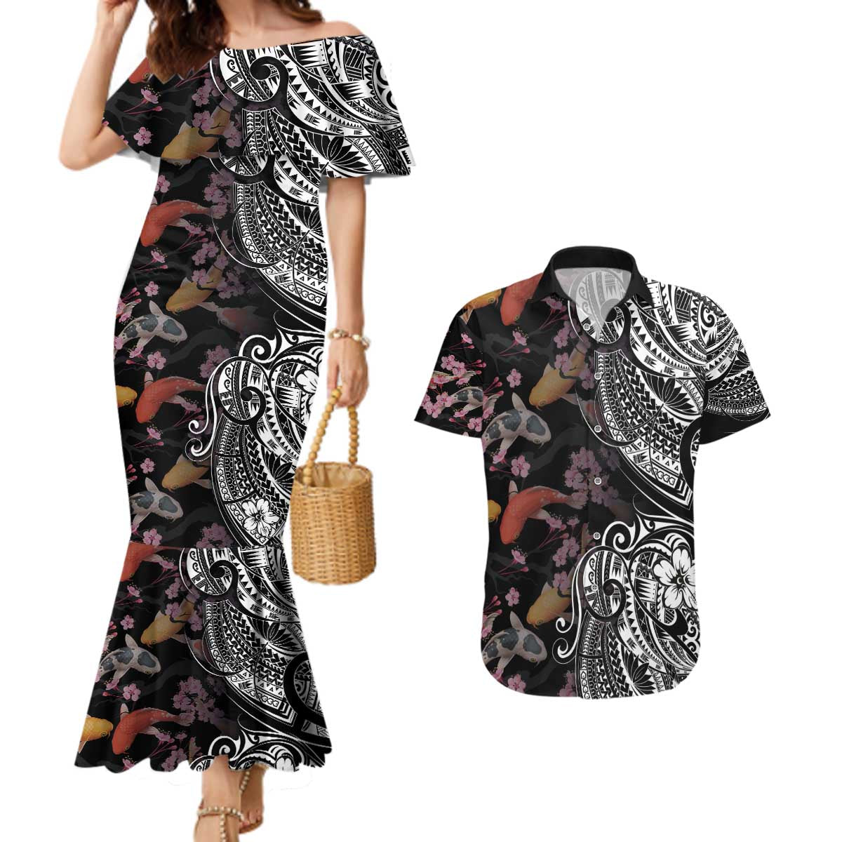 Hawaiian and Japanese Together Couples Matching Mermaid Dress and Hawaiian Shirt Polynesian Triball Tattoo Koi Carps and Sakura