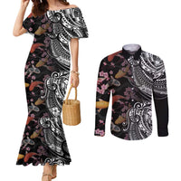Hawaiian and Japanese Together Couples Matching Mermaid Dress and Long Sleeve Button Shirt Polynesian Triball Tattoo Koi Carps and Sakura LT03 Black - Polynesian Pride