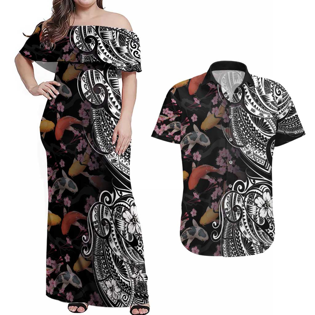 Hawaiian and Japanese Together Couples Matching Off Shoulder Maxi Dress and Hawaiian Shirt Polynesian Triball Tattoo Koi Carps and Sakura LT03 Black - Polynesian Pride