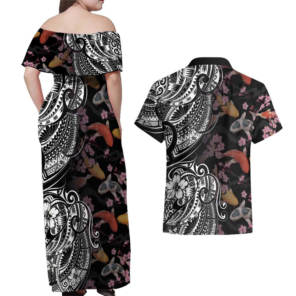 Hawaiian and Japanese Together Couples Matching Off Shoulder Maxi Dress and Hawaiian Shirt Polynesian Triball Tattoo Koi Carps and Sakura LT03 - Polynesian Pride