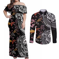 Hawaiian and Japanese Together Couples Matching Off Shoulder Maxi Dress and Long Sleeve Button Shirt Polynesian Triball Tattoo Koi Carps and Sakura LT03 Black - Polynesian Pride