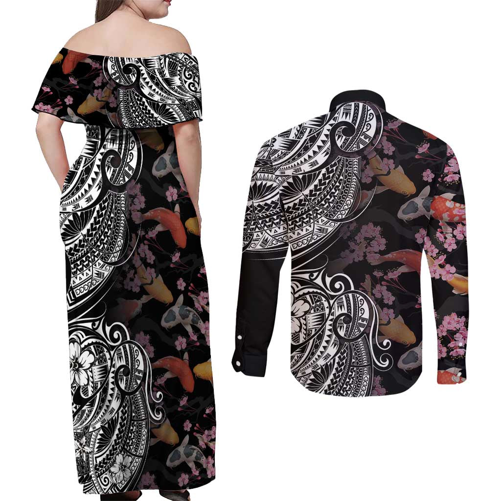 Hawaiian and Japanese Together Couples Matching Off Shoulder Maxi Dress and Long Sleeve Button Shirt Polynesian Triball Tattoo Koi Carps and Sakura LT03 - Polynesian Pride