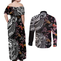 Hawaiian and Japanese Together Couples Matching Off Shoulder Maxi Dress and Long Sleeve Button Shirt Polynesian Triball Tattoo Koi Carps and Sakura LT03 - Polynesian Pride
