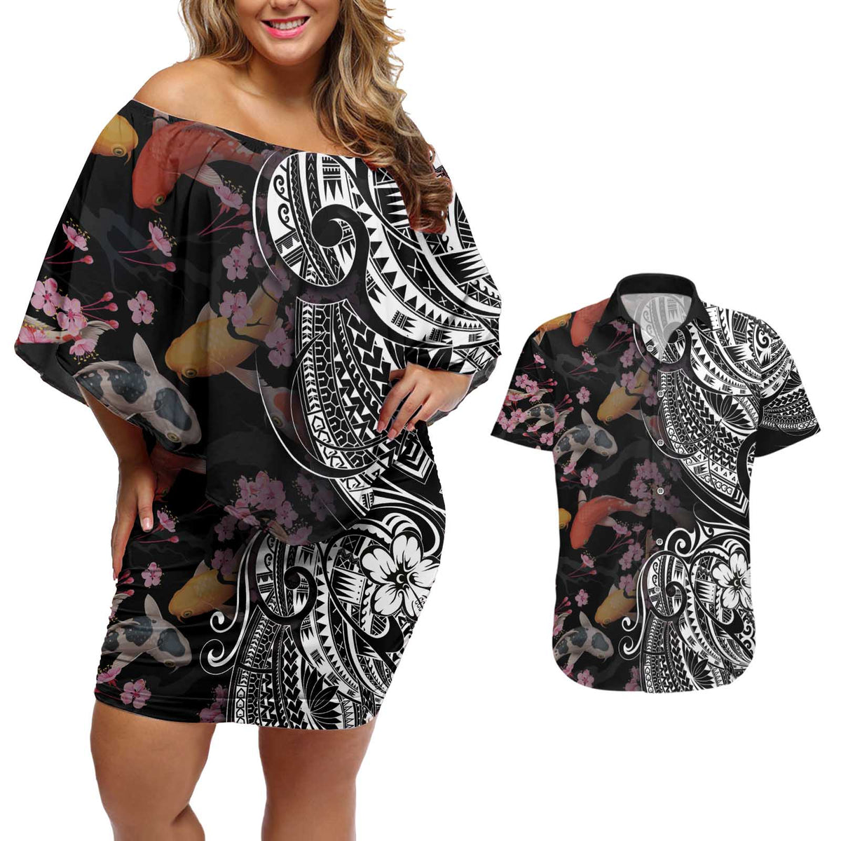 Hawaiian and Japanese Together Couples Matching Off Shoulder Short Dress and Hawaiian Shirt Polynesian Triball Tattoo Koi Carps and Sakura LT03 Black - Polynesian Pride