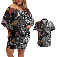 Hawaiian and Japanese Together Couples Matching Off Shoulder Short Dress and Hawaiian Shirt Polynesian Triball Tattoo Koi Carps and Sakura LT03 Black - Polynesian Pride