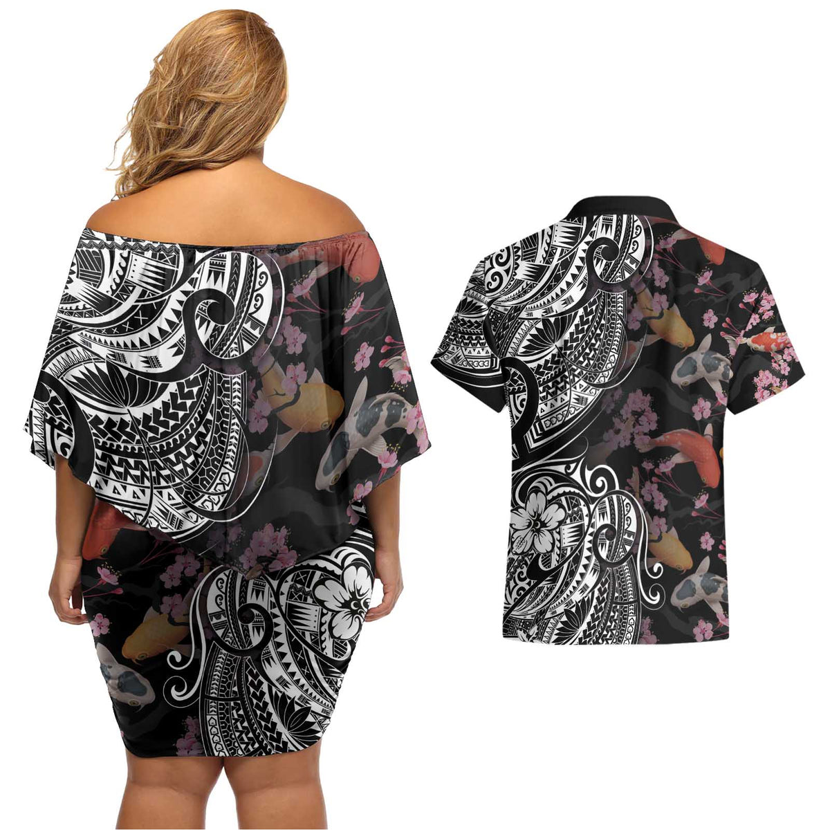 Hawaiian and Japanese Together Couples Matching Off Shoulder Short Dress and Hawaiian Shirt Polynesian Triball Tattoo Koi Carps and Sakura LT03 - Polynesian Pride