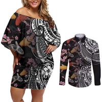 Hawaiian and Japanese Together Couples Matching Off Shoulder Short Dress and Long Sleeve Button Shirt Polynesian Triball Tattoo Koi Carps and Sakura LT03 Black - Polynesian Pride