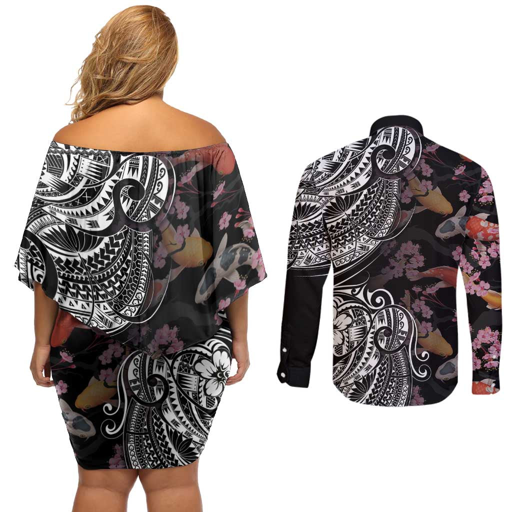 Hawaiian and Japanese Together Couples Matching Off Shoulder Short Dress and Long Sleeve Button Shirt Polynesian Triball Tattoo Koi Carps and Sakura LT03 - Polynesian Pride