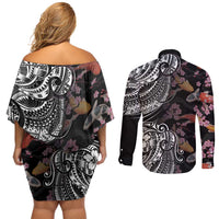 Hawaiian and Japanese Together Couples Matching Off Shoulder Short Dress and Long Sleeve Button Shirt Polynesian Triball Tattoo Koi Carps and Sakura LT03 - Polynesian Pride