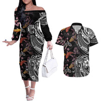 Hawaiian and Japanese Together Couples Matching Off The Shoulder Long Sleeve Dress and Hawaiian Shirt Polynesian Triball Tattoo Koi Carps and Sakura LT03 Black - Polynesian Pride