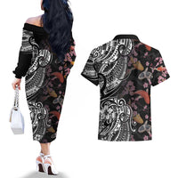 Hawaiian and Japanese Together Couples Matching Off The Shoulder Long Sleeve Dress and Hawaiian Shirt Polynesian Triball Tattoo Koi Carps and Sakura LT03 - Polynesian Pride