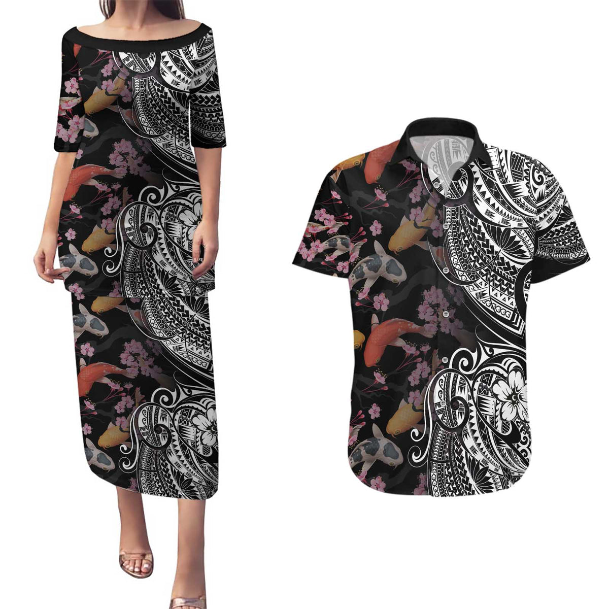Hawaiian and Japanese Together Couples Matching Puletasi and Hawaiian Shirt Polynesian Triball Tattoo Koi Carps and Sakura LT03 Black - Polynesian Pride