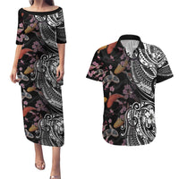 Hawaiian and Japanese Together Couples Matching Puletasi and Hawaiian Shirt Polynesian Triball Tattoo Koi Carps and Sakura LT03 Black - Polynesian Pride