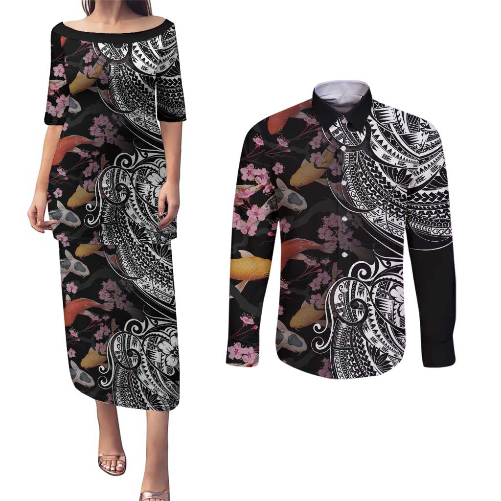 Hawaiian and Japanese Together Couples Matching Puletasi and Long Sleeve Button Shirt Polynesian Triball Tattoo Koi Carps and Sakura LT03 Black - Polynesian Pride