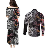 Hawaiian and Japanese Together Couples Matching Puletasi and Long Sleeve Button Shirt Polynesian Triball Tattoo Koi Carps and Sakura LT03 - Polynesian Pride