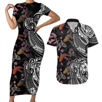 Hawaiian and Japanese Together Couples Matching Short Sleeve Bodycon Dress and Hawaiian Shirt Polynesian Triball Tattoo Koi Carps and Sakura LT03 Black - Polynesian Pride
