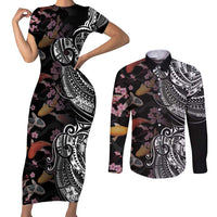 Hawaiian and Japanese Together Couples Matching Short Sleeve Bodycon Dress and Long Sleeve Button Shirt Polynesian Triball Tattoo Koi Carps and Sakura LT03 Black - Polynesian Pride