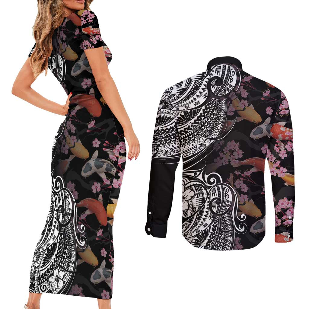 Hawaiian and Japanese Together Couples Matching Short Sleeve Bodycon Dress and Long Sleeve Button Shirt Polynesian Triball Tattoo Koi Carps and Sakura LT03 - Polynesian Pride