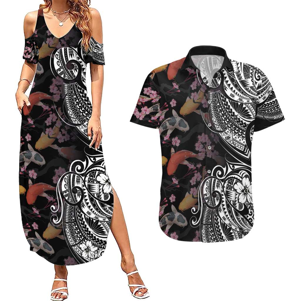 Hawaiian and Japanese Together Couples Matching Summer Maxi Dress and Hawaiian Shirt Polynesian Triball Tattoo Koi Carps and Sakura LT03 Black - Polynesian Pride
