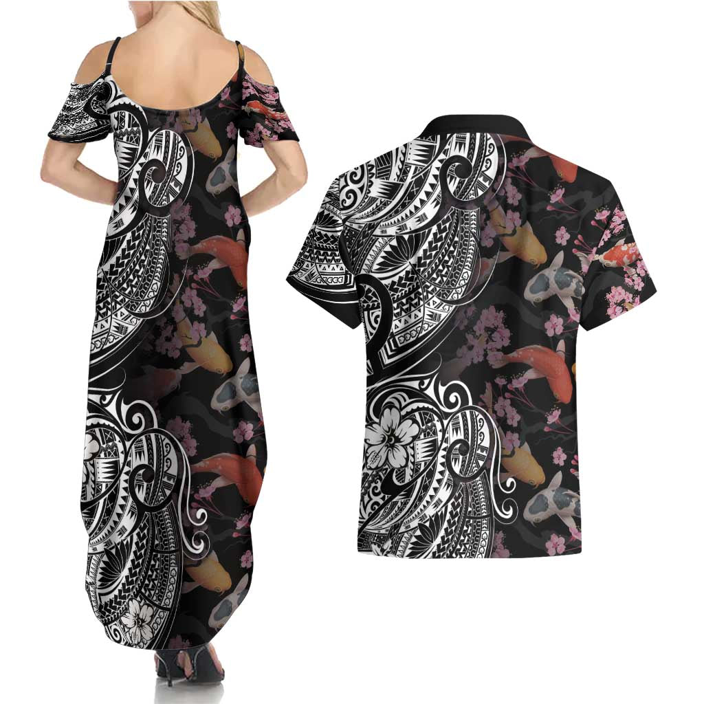 Hawaiian and Japanese Together Couples Matching Summer Maxi Dress and Hawaiian Shirt Polynesian Triball Tattoo Koi Carps and Sakura LT03 - Polynesian Pride