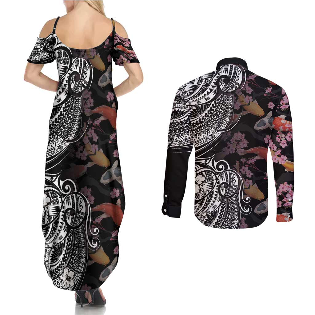 Hawaiian and Japanese Together Couples Matching Summer Maxi Dress and Long Sleeve Button Shirt Polynesian Triball Tattoo Koi Carps and Sakura LT03 - Polynesian Pride