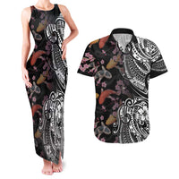 Hawaiian and Japanese Together Couples Matching Tank Maxi Dress and Hawaiian Shirt Polynesian Triball Tattoo Koi Carps and Sakura LT03 Black - Polynesian Pride