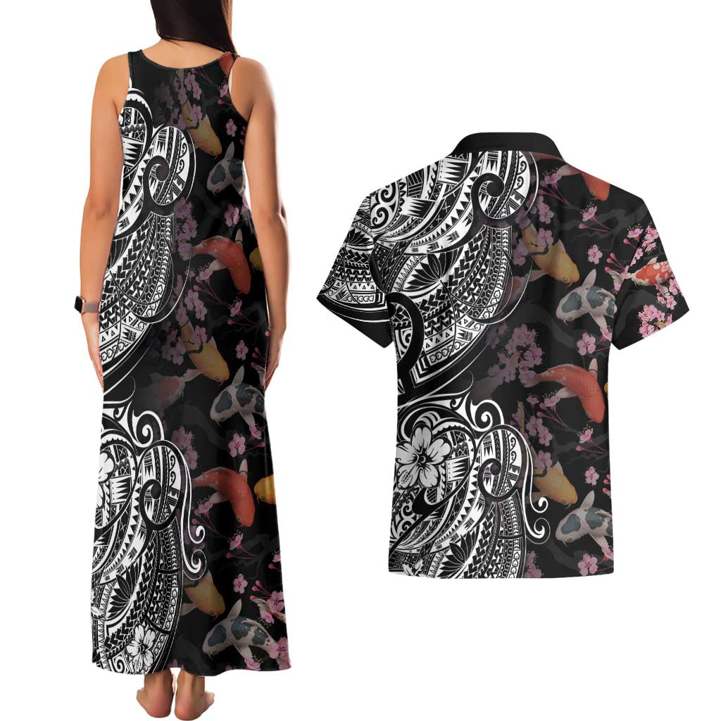 Hawaiian and Japanese Together Couples Matching Tank Maxi Dress and Hawaiian Shirt Polynesian Triball Tattoo Koi Carps and Sakura LT03 - Polynesian Pride