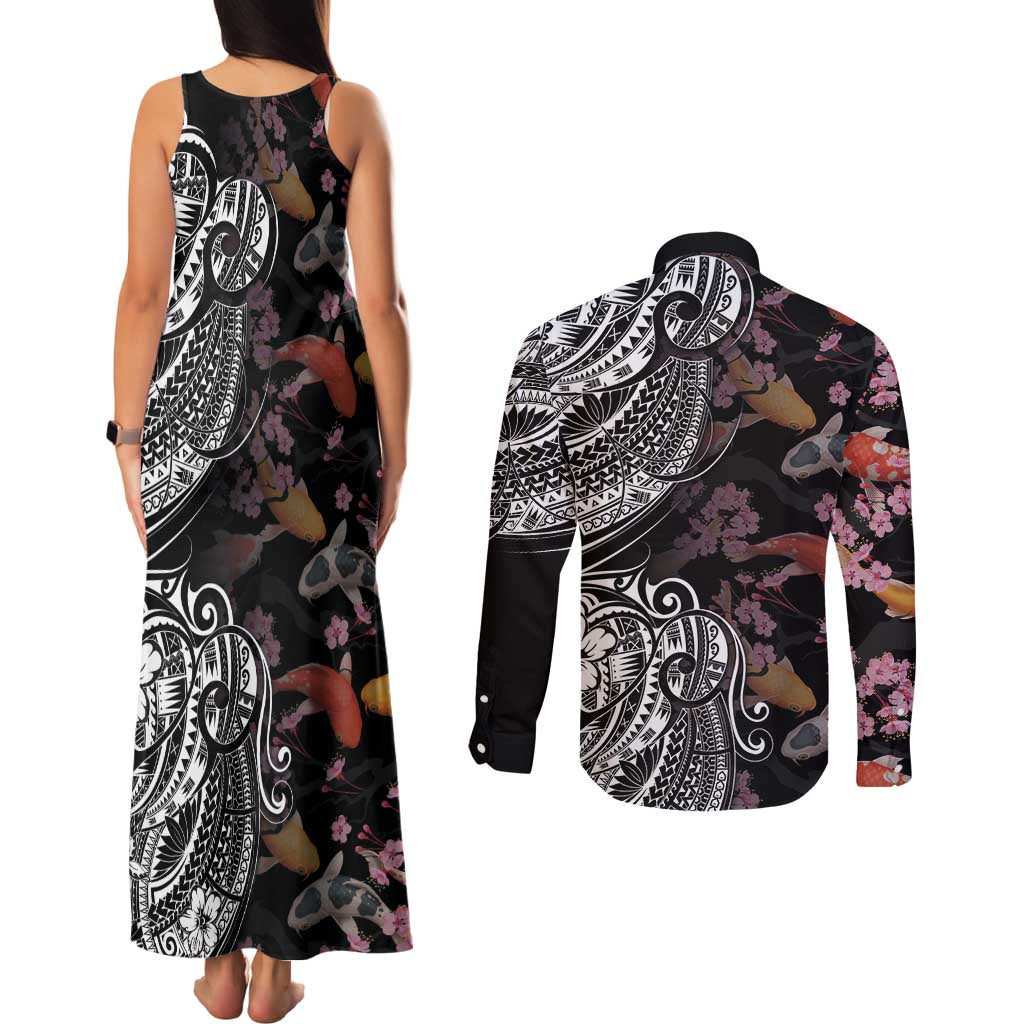 Hawaiian and Japanese Together Couples Matching Tank Maxi Dress and Long Sleeve Button Shirt Polynesian Triball Tattoo Koi Carps and Sakura LT03 - Polynesian Pride