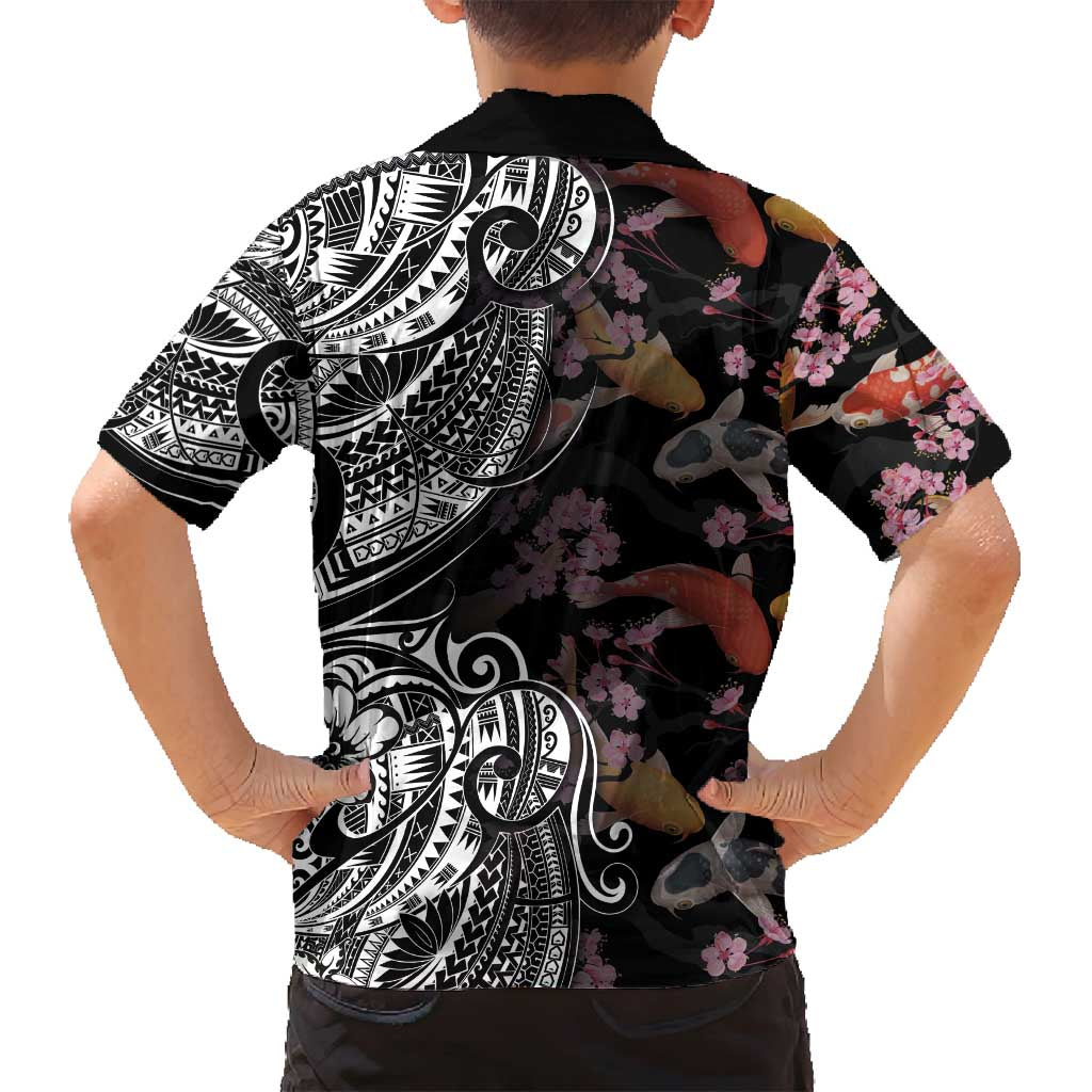 Hawaiian and Japanese Together Family Matching Long Sleeve Bodycon Dress and Hawaiian Shirt Polynesian Triball Tattoo Koi Carps and Sakura LT03 - Polynesian Pride