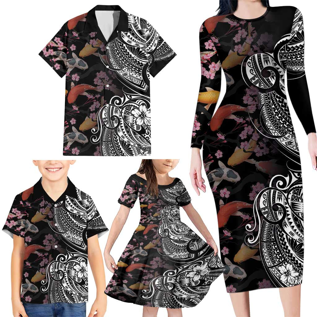 Hawaiian and Japanese Together Family Matching Long Sleeve Bodycon Dress and Hawaiian Shirt Polynesian Triball Tattoo Koi Carps and Sakura LT03 - Polynesian Pride
