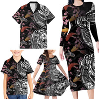 Hawaiian and Japanese Together Family Matching Long Sleeve Bodycon Dress and Hawaiian Shirt Polynesian Triball Tattoo Koi Carps and Sakura LT03 - Polynesian Pride