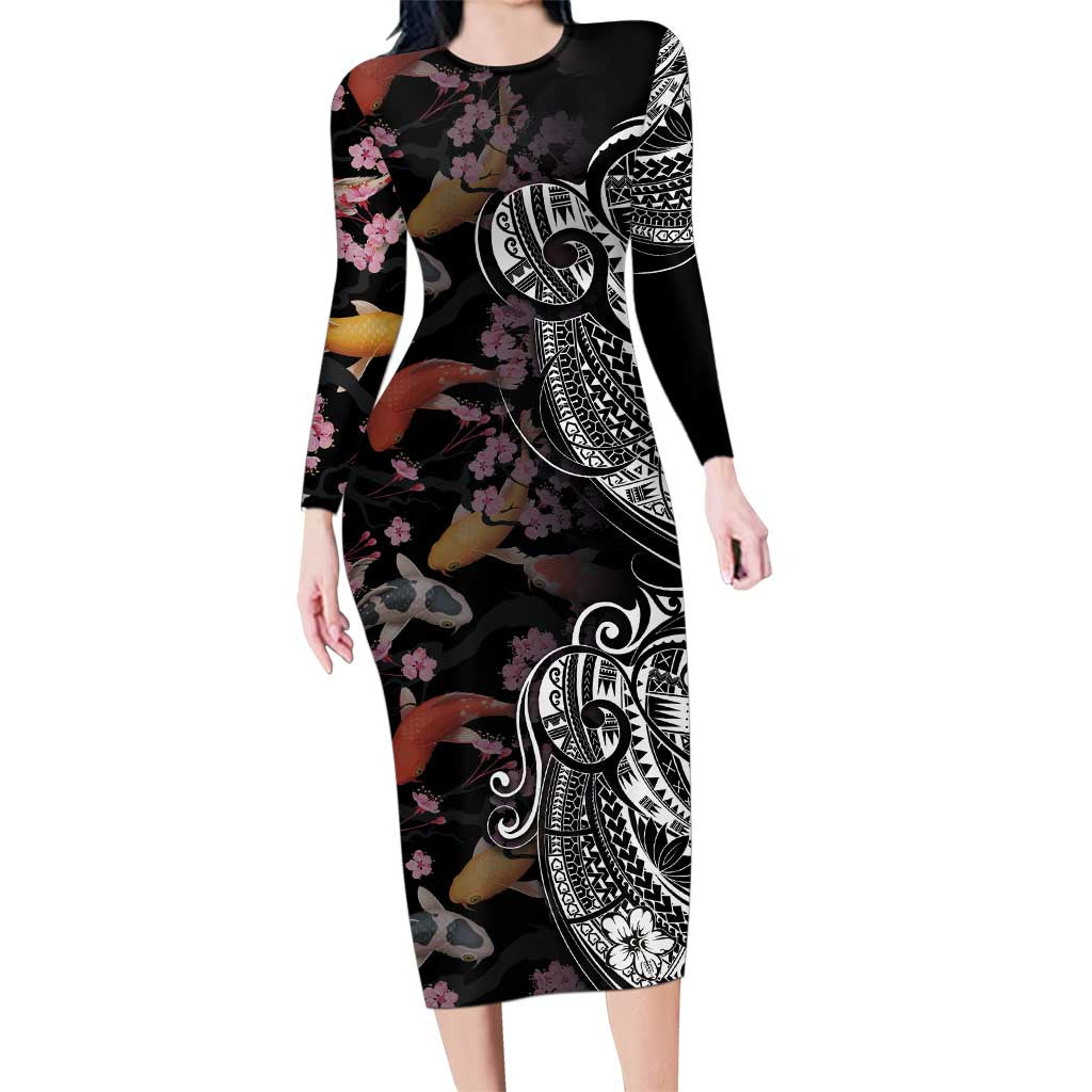 Hawaiian and Japanese Together Family Matching Long Sleeve Bodycon Dress and Hawaiian Shirt Polynesian Triball Tattoo Koi Carps and Sakura LT03 Mom's Dress Black - Polynesian Pride