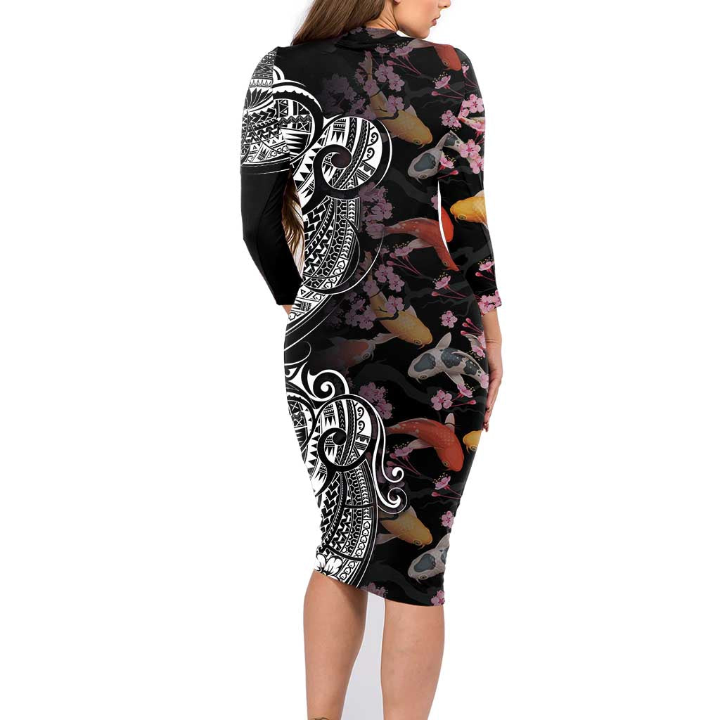 Hawaiian and Japanese Together Family Matching Long Sleeve Bodycon Dress and Hawaiian Shirt Polynesian Triball Tattoo Koi Carps and Sakura LT03 - Polynesian Pride