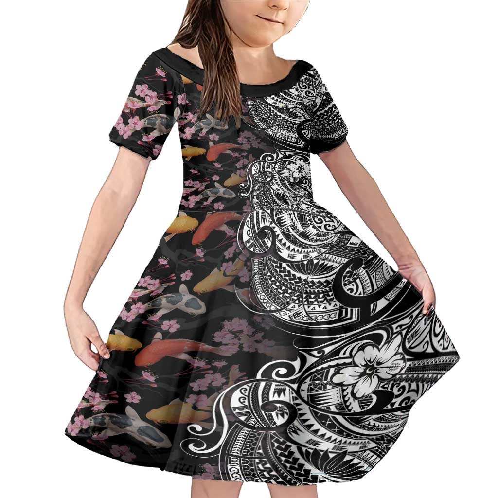 Hawaiian and Japanese Together Family Matching Mermaid Dress and Hawaiian Shirt Polynesian Triball Tattoo Koi Carps and Sakura LT03 Daughter's Dress Black - Polynesian Pride