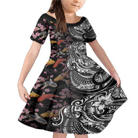 Hawaiian and Japanese Together Family Matching Mermaid Dress and Hawaiian Shirt Polynesian Triball Tattoo Koi Carps and Sakura LT03 Daughter's Dress Black - Polynesian Pride
