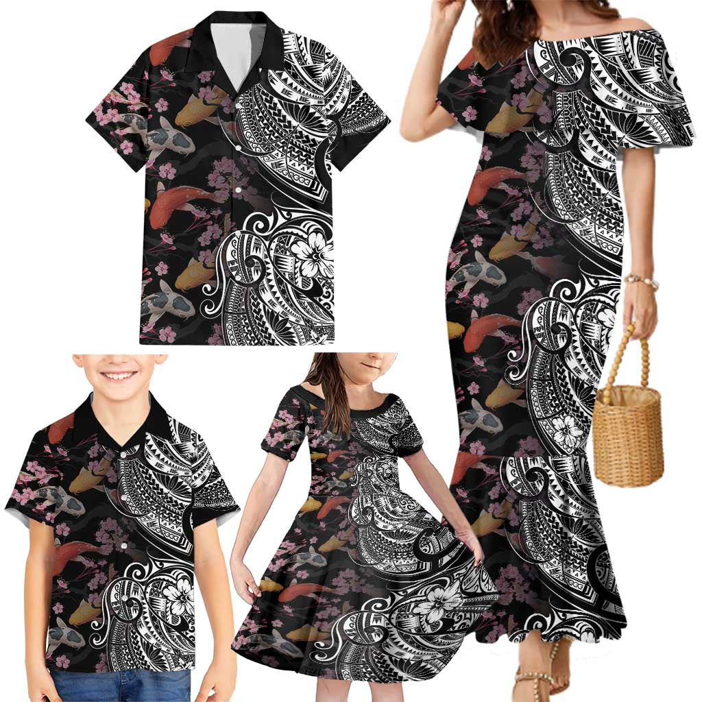 Hawaiian and Japanese Together Family Matching Mermaid Dress and Hawaiian Shirt Polynesian Triball Tattoo Koi Carps and Sakura LT03 - Polynesian Pride