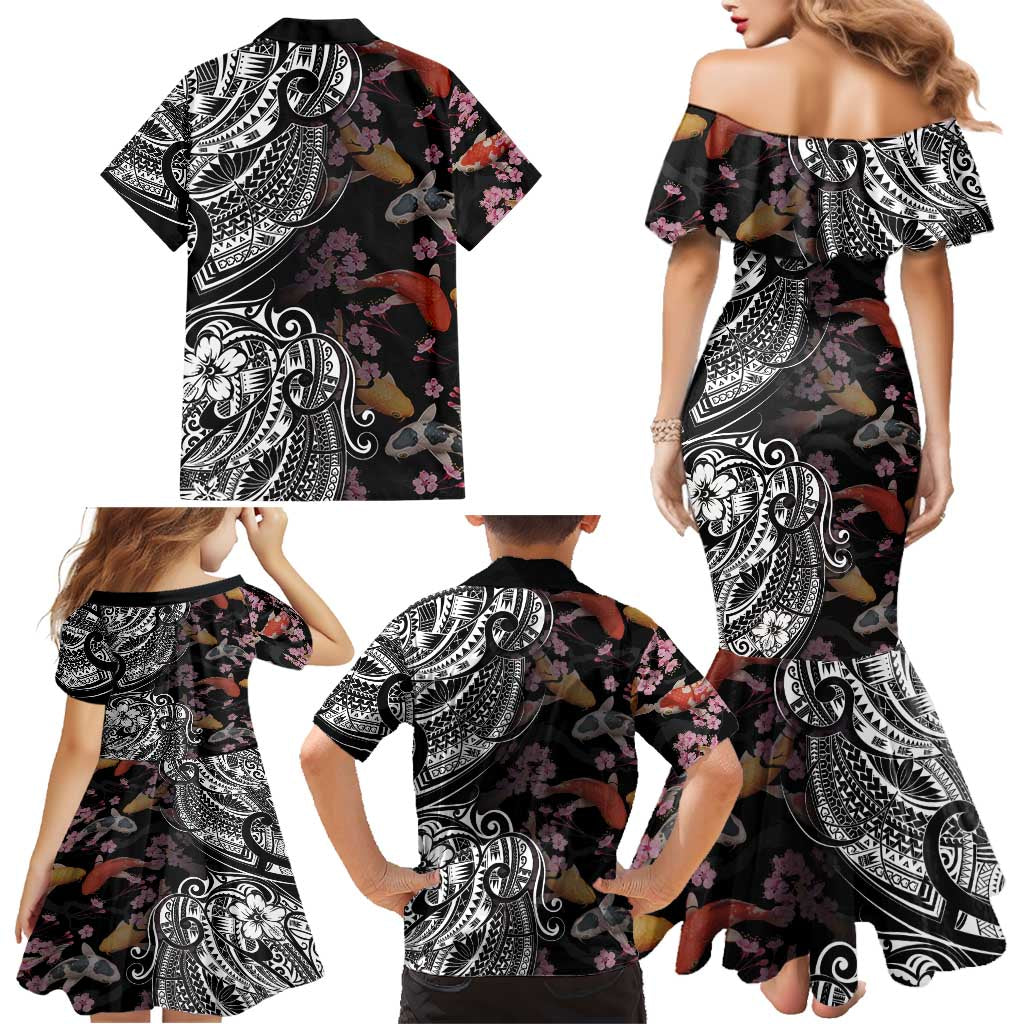 Hawaiian and Japanese Together Family Matching Mermaid Dress and Hawaiian Shirt Polynesian Triball Tattoo Koi Carps and Sakura LT03 - Polynesian Pride