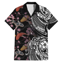 Hawaiian and Japanese Together Family Matching Mermaid Dress and Hawaiian Shirt Polynesian Triball Tattoo Koi Carps and Sakura LT03 Dad's Shirt - Short Sleeve Black - Polynesian Pride