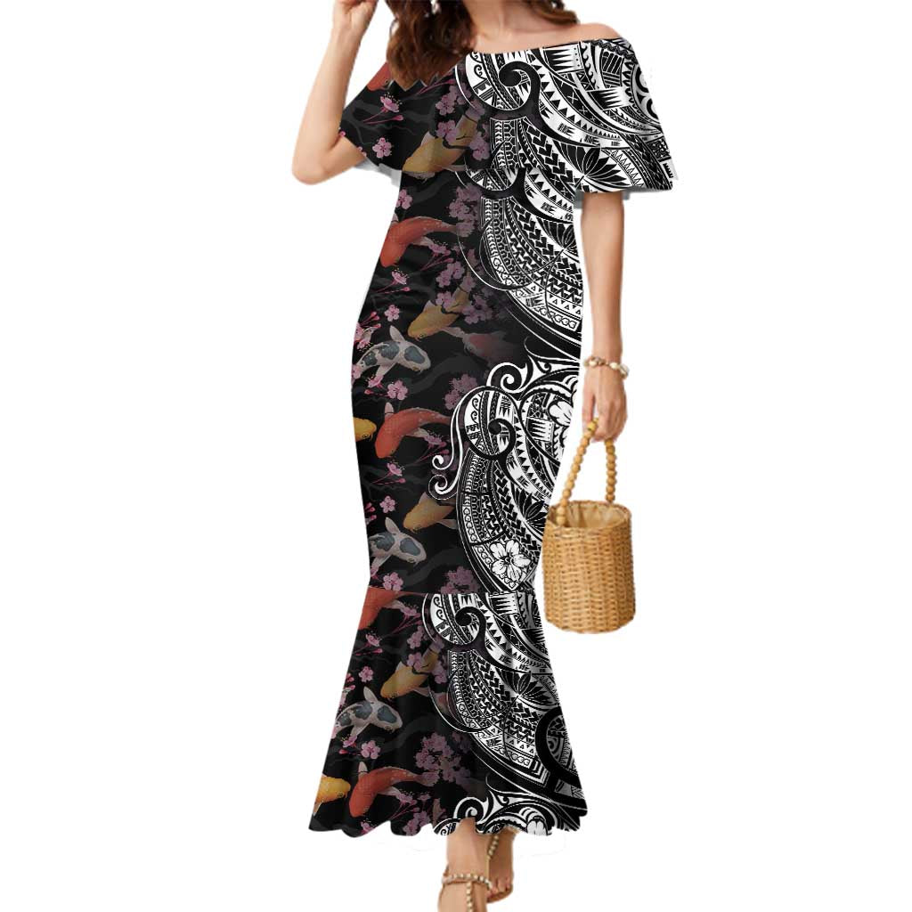 Hawaiian and Japanese Together Family Matching Mermaid Dress and Hawaiian Shirt Polynesian Triball Tattoo Koi Carps and Sakura LT03 Mom's Dress Black - Polynesian Pride