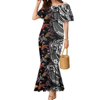 Hawaiian and Japanese Together Family Matching Mermaid Dress and Hawaiian Shirt Polynesian Triball Tattoo Koi Carps and Sakura LT03 Mom's Dress Black - Polynesian Pride
