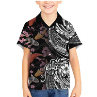 Hawaiian and Japanese Together Family Matching Mermaid Dress and Hawaiian Shirt Polynesian Triball Tattoo Koi Carps and Sakura LT03 Son's Shirt Black - Polynesian Pride