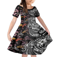 Hawaiian and Japanese Together Family Matching Off The Shoulder Long Sleeve Dress and Hawaiian Shirt Polynesian Triball Tattoo Koi Carps and Sakura LT03 Daughter's Dress Black - Polynesian Pride