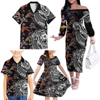 Hawaiian and Japanese Together Family Matching Off The Shoulder Long Sleeve Dress and Hawaiian Shirt Polynesian Triball Tattoo Koi Carps and Sakura LT03 - Polynesian Pride