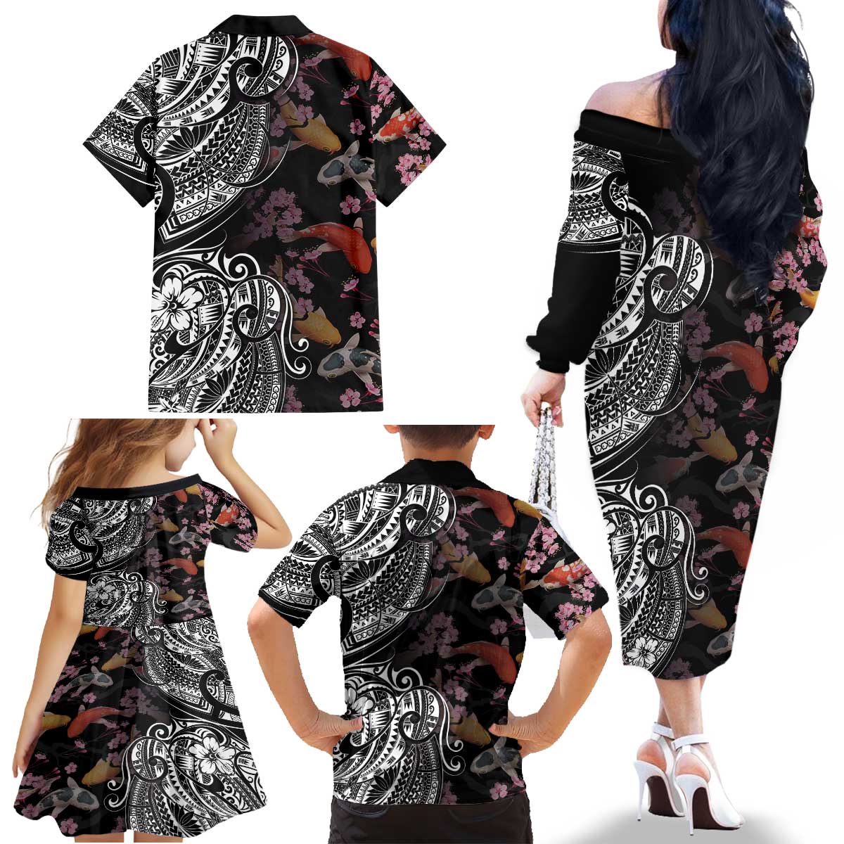 Hawaiian and Japanese Together Family Matching Off The Shoulder Long Sleeve Dress and Hawaiian Shirt Polynesian Triball Tattoo Koi Carps and Sakura LT03 - Polynesian Pride