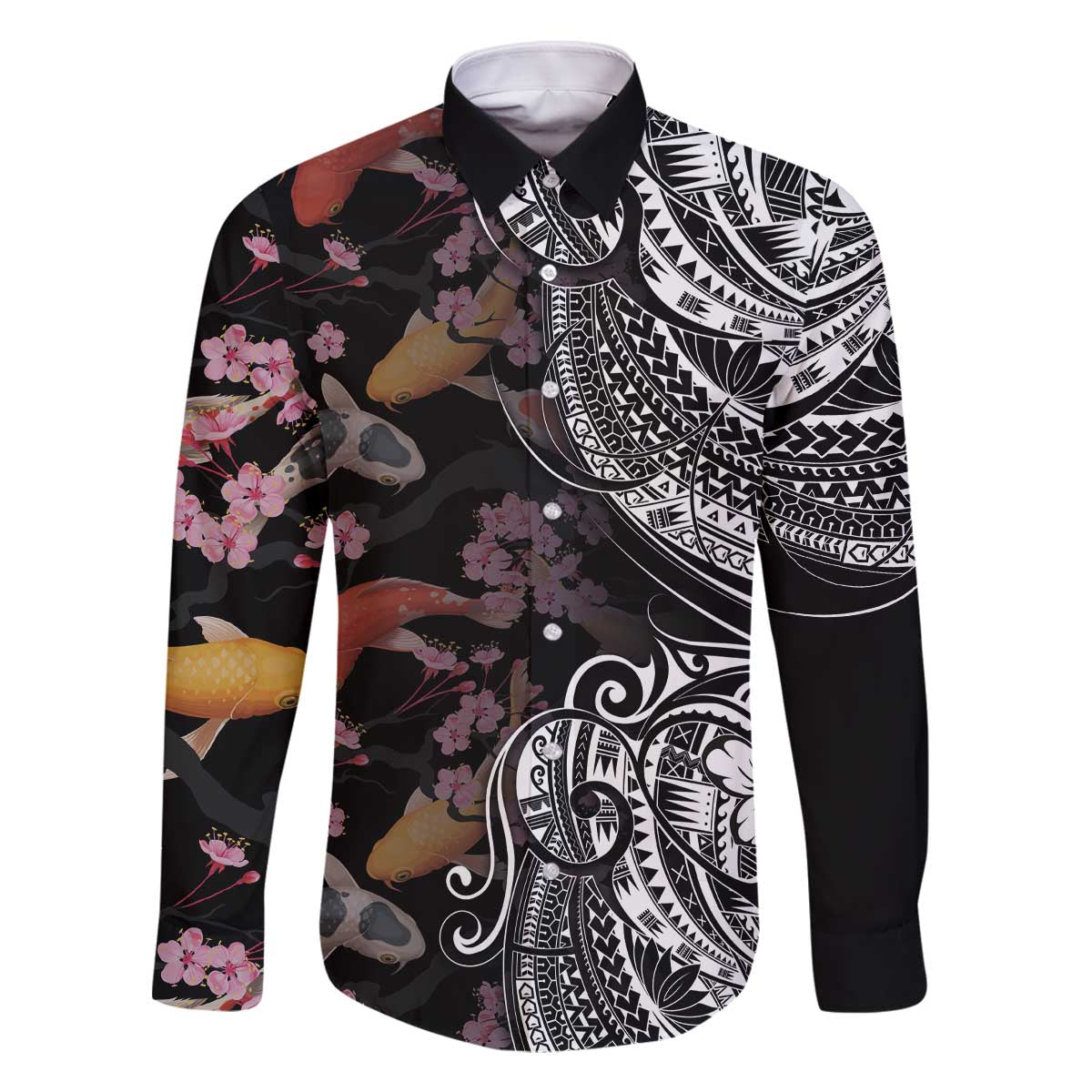Hawaiian and Japanese Together Family Matching Off The Shoulder Long Sleeve Dress and Hawaiian Shirt Polynesian Triball Tattoo Koi Carps and Sakura LT03 Dad's Shirt - Long Sleeve Black - Polynesian Pride